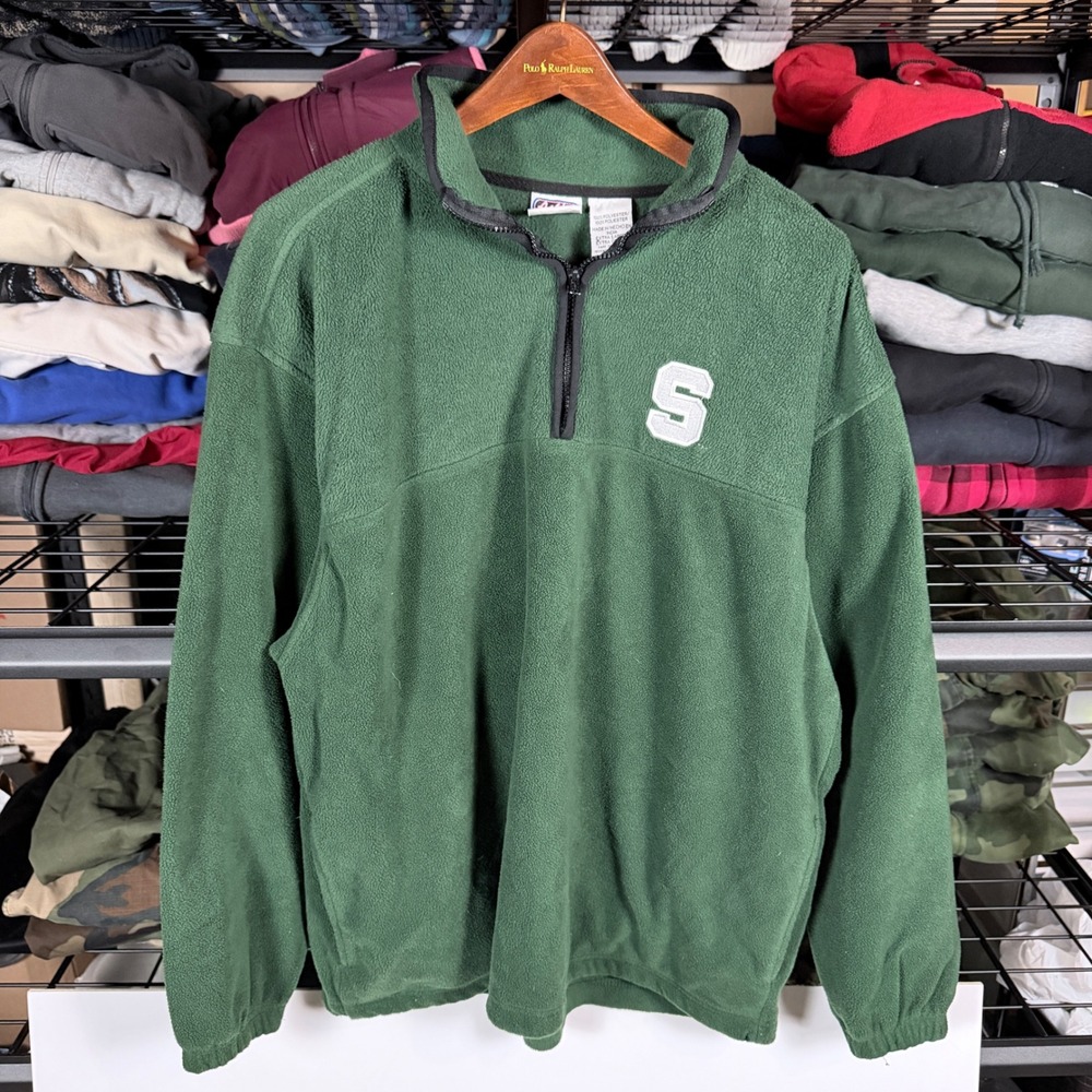 Active Fleece Quarter Zip Pullover Green‎ S Logo Mens XL Spell Out Made in India